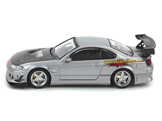 Nissan "Top Secret" Silvia (S15) RHD (Right Hand Drive) Silver Metallic with Carbon Hood 1/64 Diecast Model Car by Inno Models