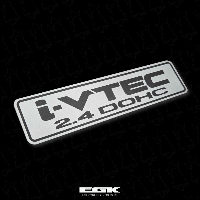 Honda K24 i-VTEC DOHC 2.4L engine cover decal by Evergreen Kings, featuring bold lettering on a sleek black background.