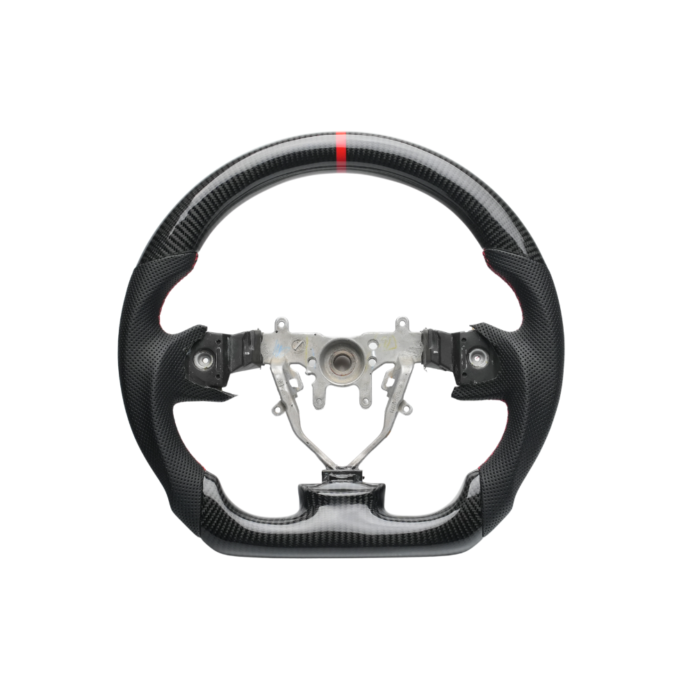 JDMuscle carbon fiber steering wheel with red accents for 2008-2014 Subaru WRX/STI, lightweight and high-performance interior upgrade.