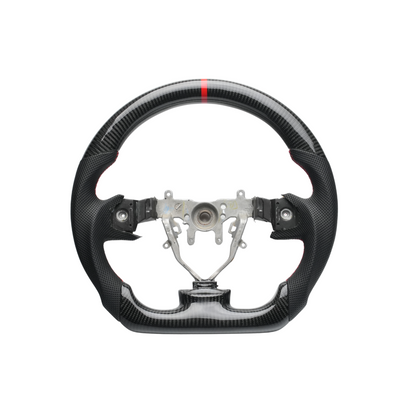 JDMuscle carbon fiber steering wheel with red accents for 2008-2014 Subaru WRX/STI, lightweight and high-performance interior upgrade.