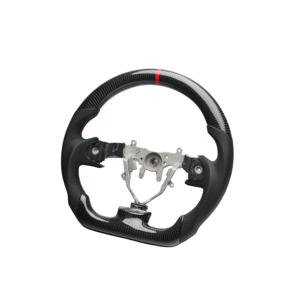 JDMuscle carbon fiber steering wheel with red accents for 2008-2014 Subaru WRX and STI vehicles, lightweight and performance-oriented.