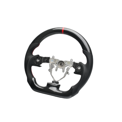 JDMuscle carbon fiber steering wheel with red accents for 2008-2014 Subaru WRX and STI vehicles, lightweight and performance-oriented.