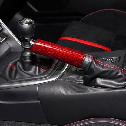 JDMuscle carbon fiber e-brake handle with twill and forged red finish for WRX, BRZ, and GR86