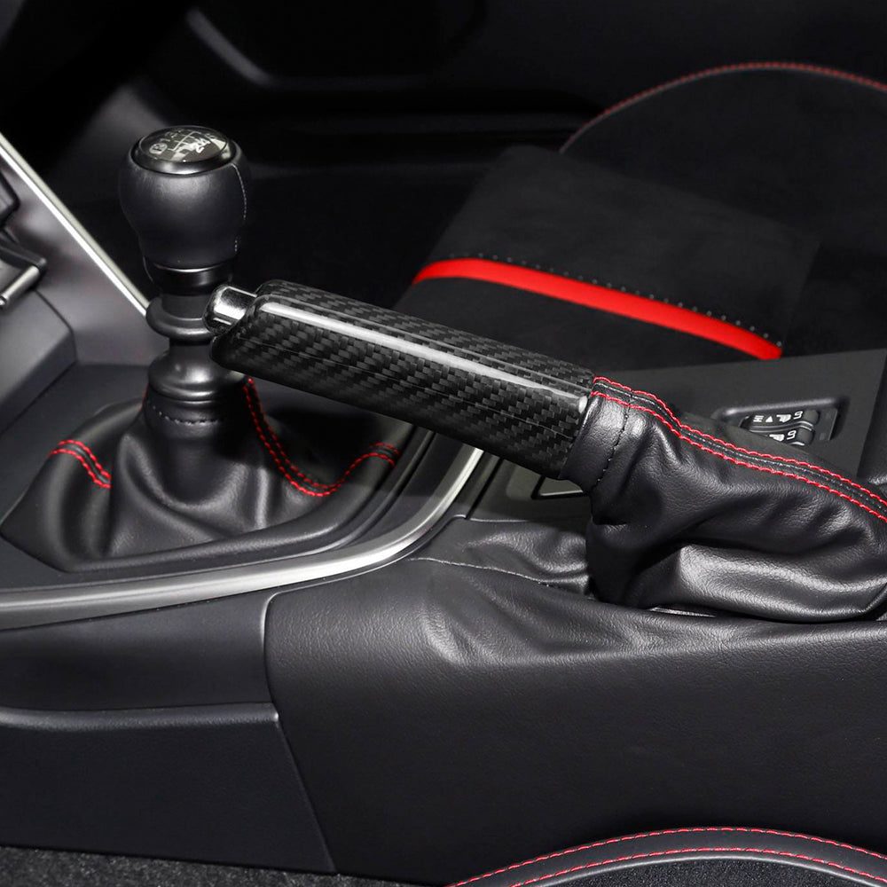 JDMuscle carbon fiber e-brake handle for 2015-2024 WRX, 2015-2021 STI, BRZ, and GR86