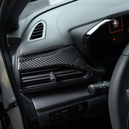 JDMuscle 2022-2025 Subaru WRX P&S Series carbon fiber dash trim covers, 6-piece black and red carbon fiber interior kit.