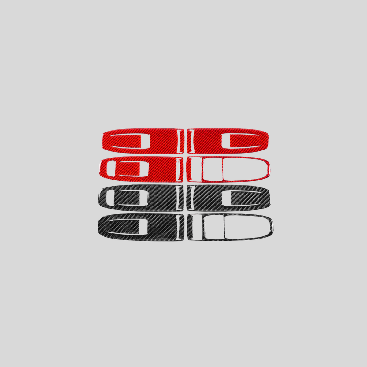 JDMuscle 22-25 WRX carbon fiber window switch trim covers in black and red, 4-piece set, for interior enhancement.