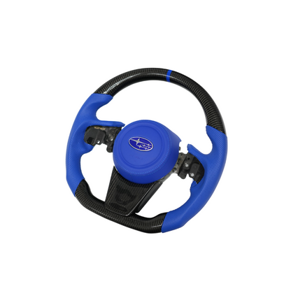 JDMuscle Subaru WRX Ultimate Series steering wheel compatible with manual and CVT transmissions, close-up view of the sporty design