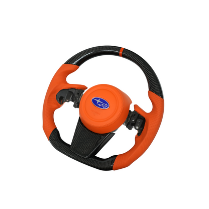 JDMuscle Subaru WRX Ultimate Series steering wheel compatible with manual and CVT transmissions, showcasing the sleek design.