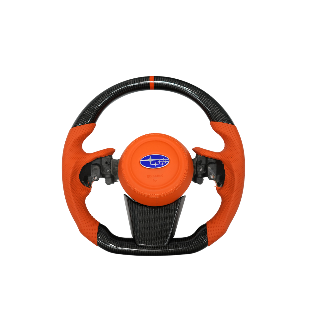 JDMuscle Subaru WRX Ultimate Series steering wheel compatible with manual and CVT transmissions, detailed black leather design