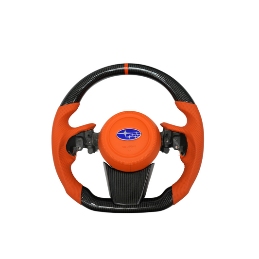 JDMuscle Subaru WRX Ultimate Series steering wheel compatible with manual and CVT transmissions, detailed black leather design