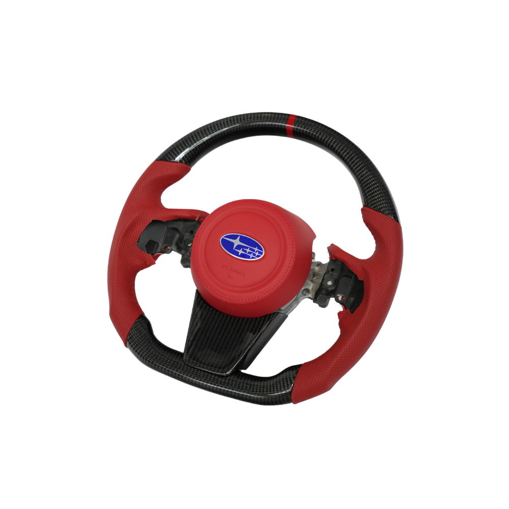 JDMuscle Ultimate Series steering wheel for Subaru WRX 2022-2025, compatible with manual and CVT transmission, close-up view.