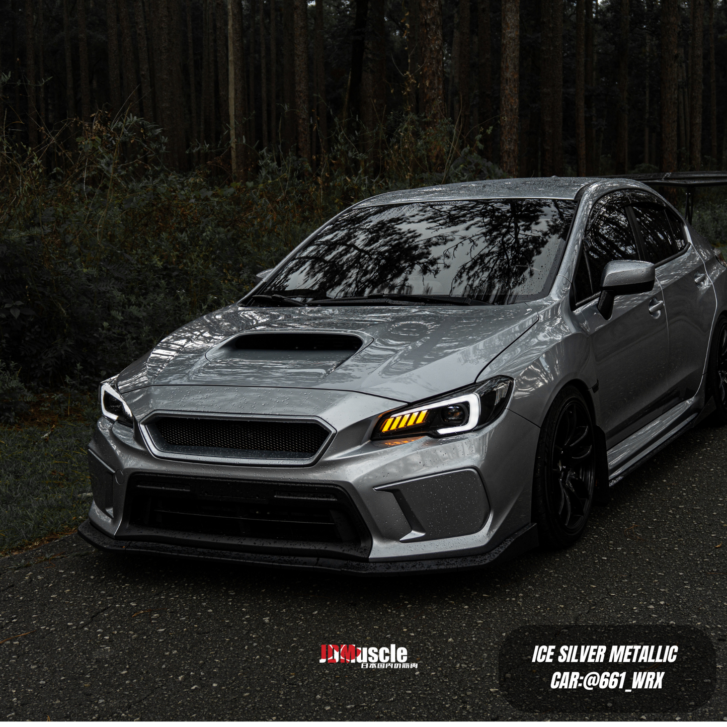 JDMuscle V2 front bumper grille in gloss black and paint-matched finish for 2018-2021 Subaru WRX STI, featuring a sleek, custom design.