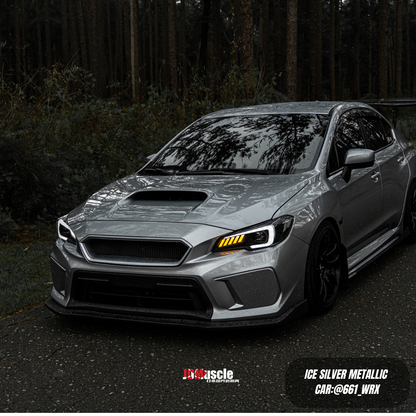 JDMuscle V2 front bumper grille in gloss black and paint-matched finish for 2018-2021 Subaru WRX STI, featuring a sleek, custom design.