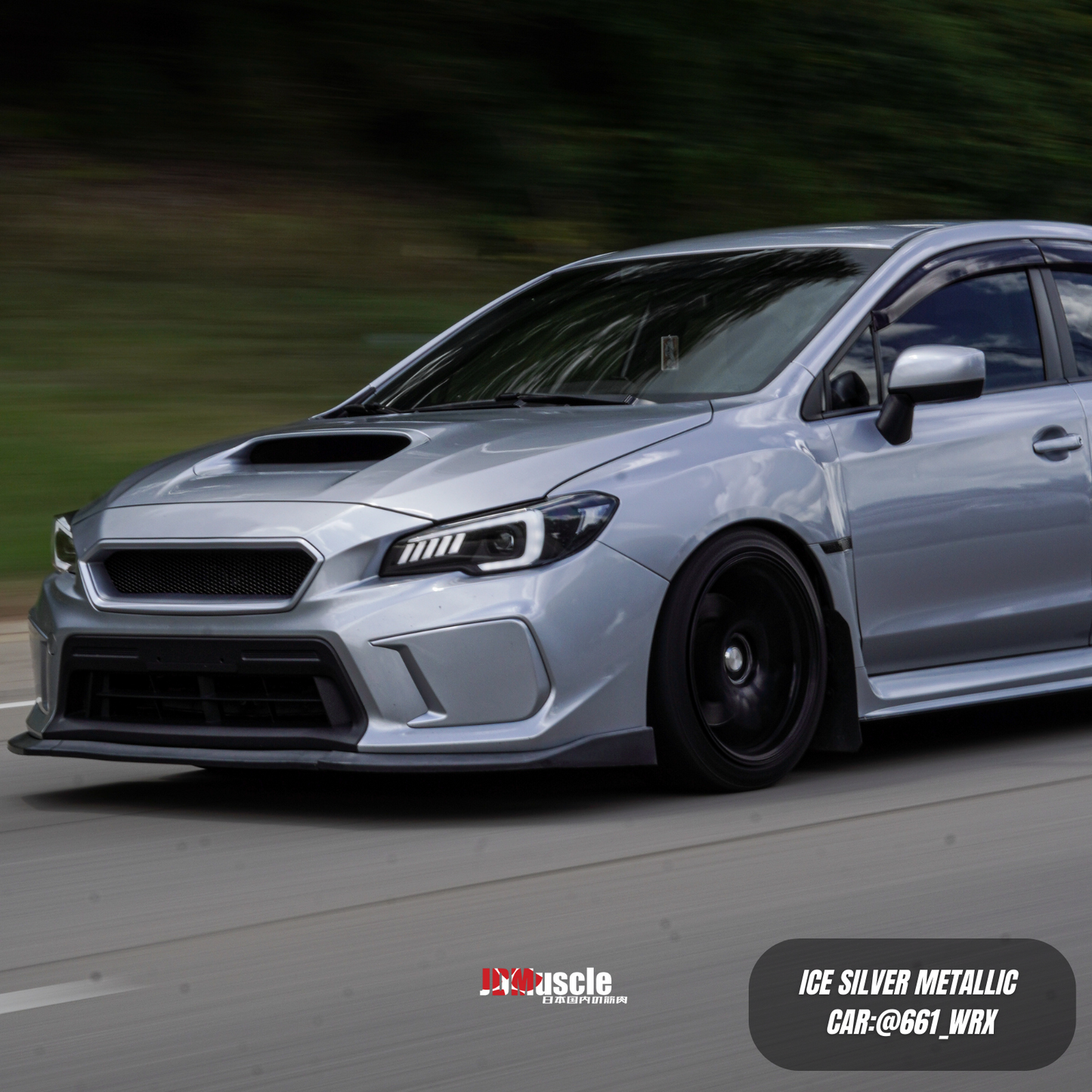JDMuscle V2 front bumper grille in gloss black and paint-matched finish for 2018-2021 Subaru WRX/STI, featuring a sleek design.