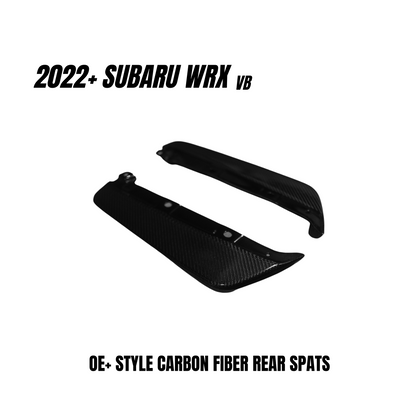 Carbon fiber rear spats for 2022 Subaru WRX in OE+ style by JDMuscle, enhancing rear lip protection and sporty appearance.