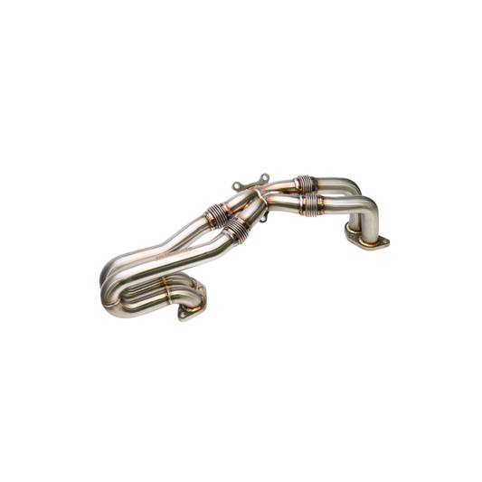 JDMuscle 22-25 WRX YDYBB unequal length exhaust header for manual and CVT models, showing polished metal construction.