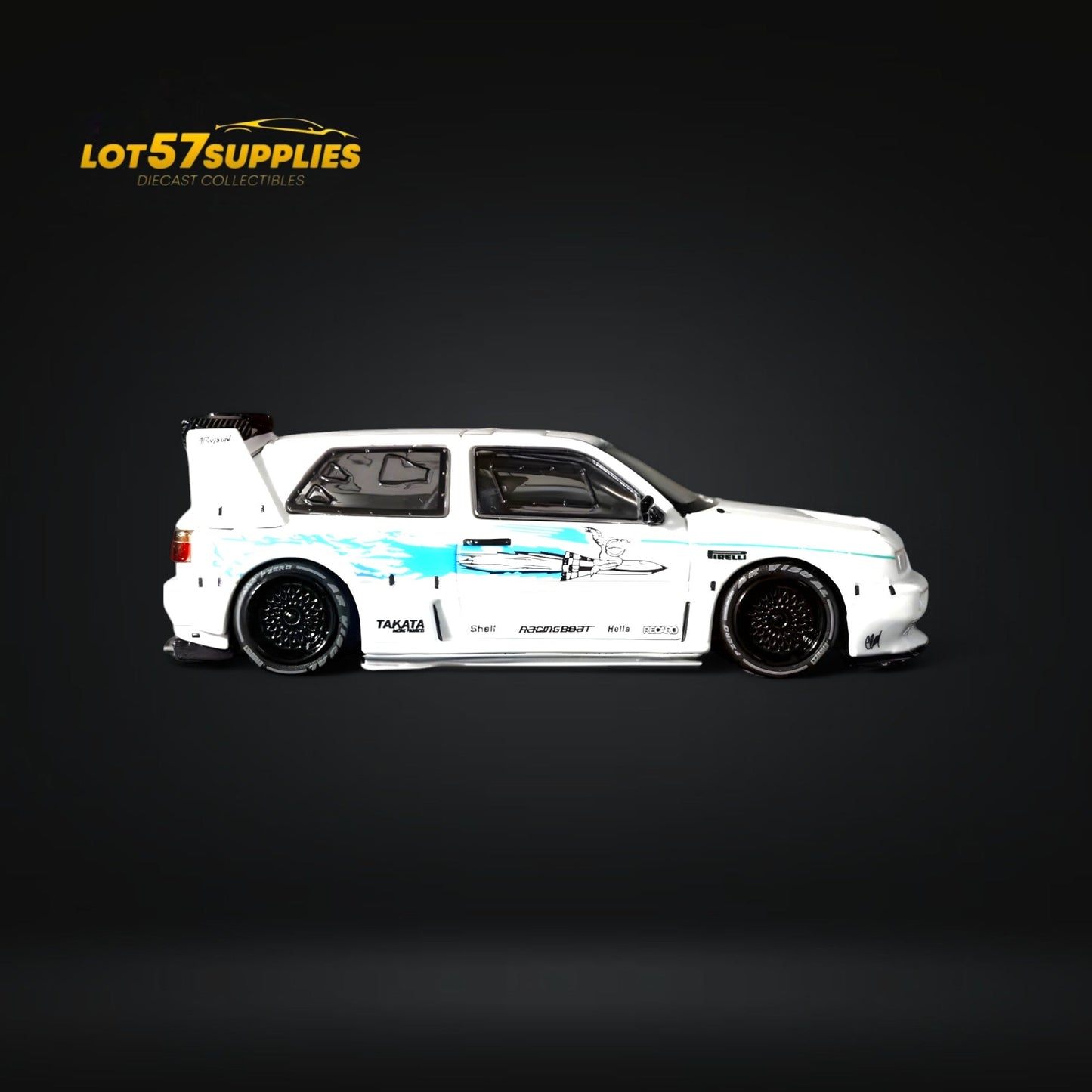 White Volkswagen Rhino Model VW Golf Mk3 diecast car with Fast & Furious livery, 1:64 scale, detailed miniature vehicle.