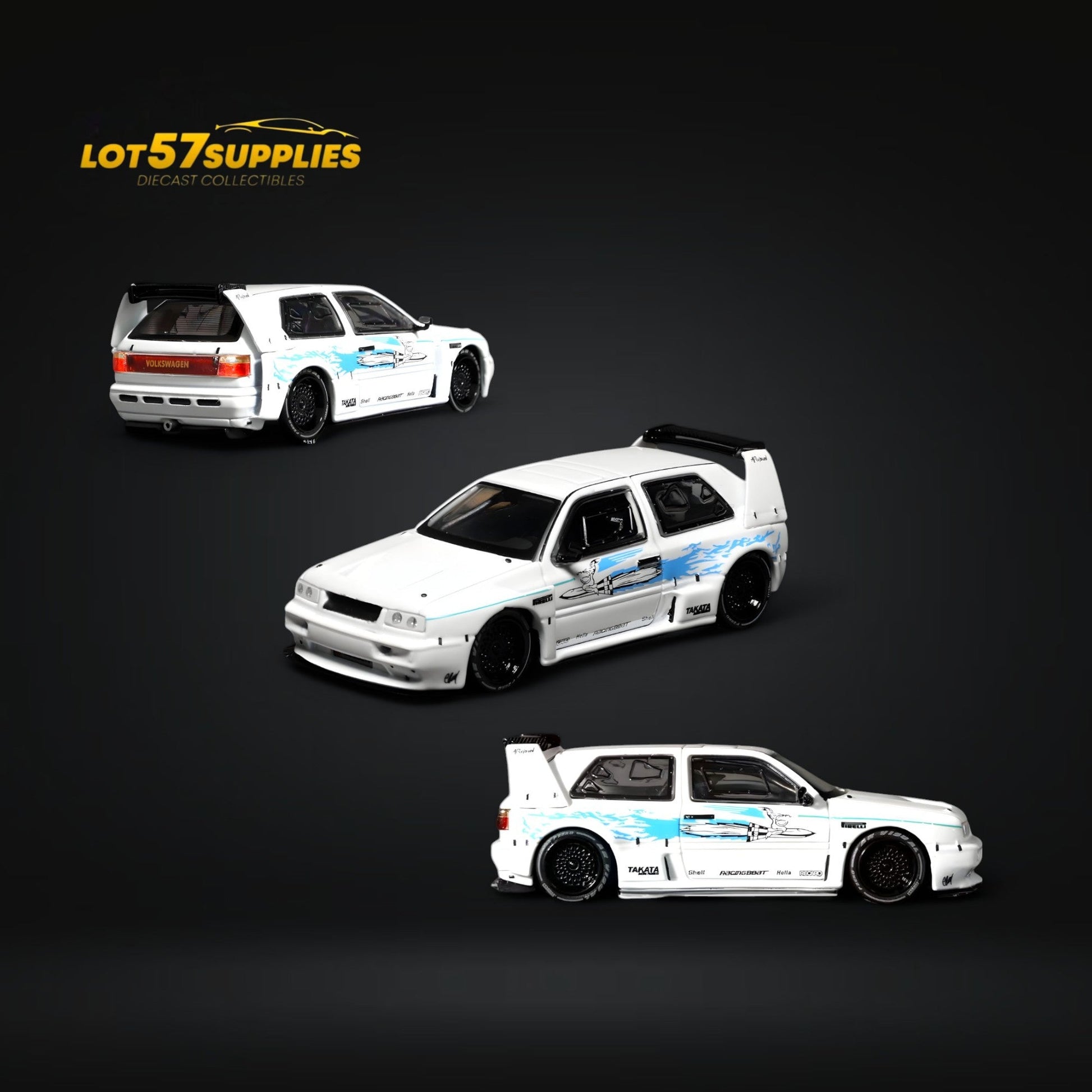White Volkswagen VW Golf Mk3 diecast model with Fast & Furious livery, 1:64 scale from Lot57Supplies Diecast Shop.