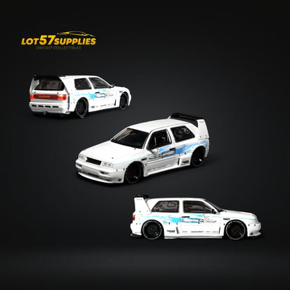 White Volkswagen VW Golf Mk3 diecast model with Fast & Furious livery, 1:64 scale from Lot57Supplies Diecast Shop.