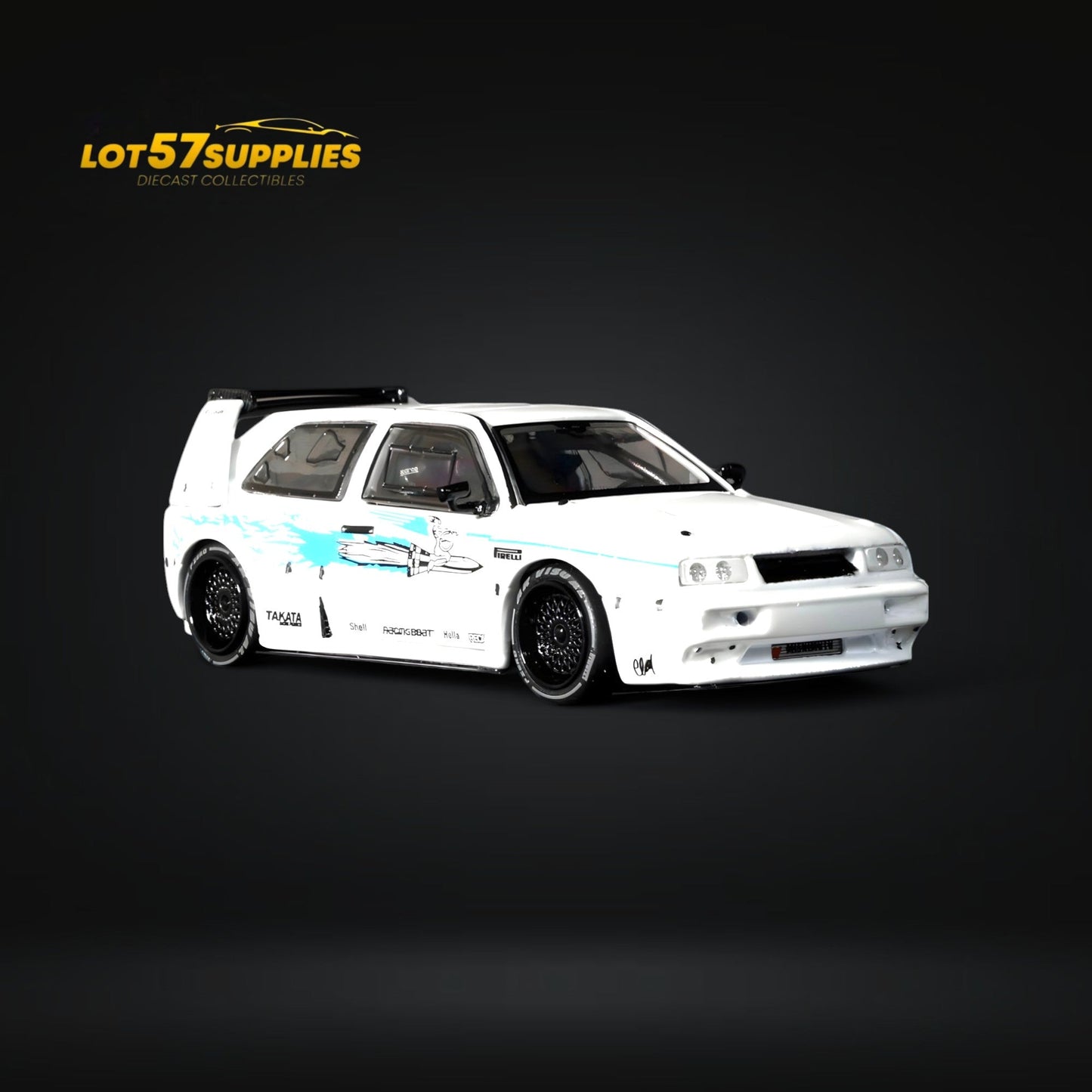 White Volkswagen VW Golf Mk3 diecast model with Fast & Furious livery, 1:64 scale from Lot57Supplies Diecast Shop, detailed vehicle image