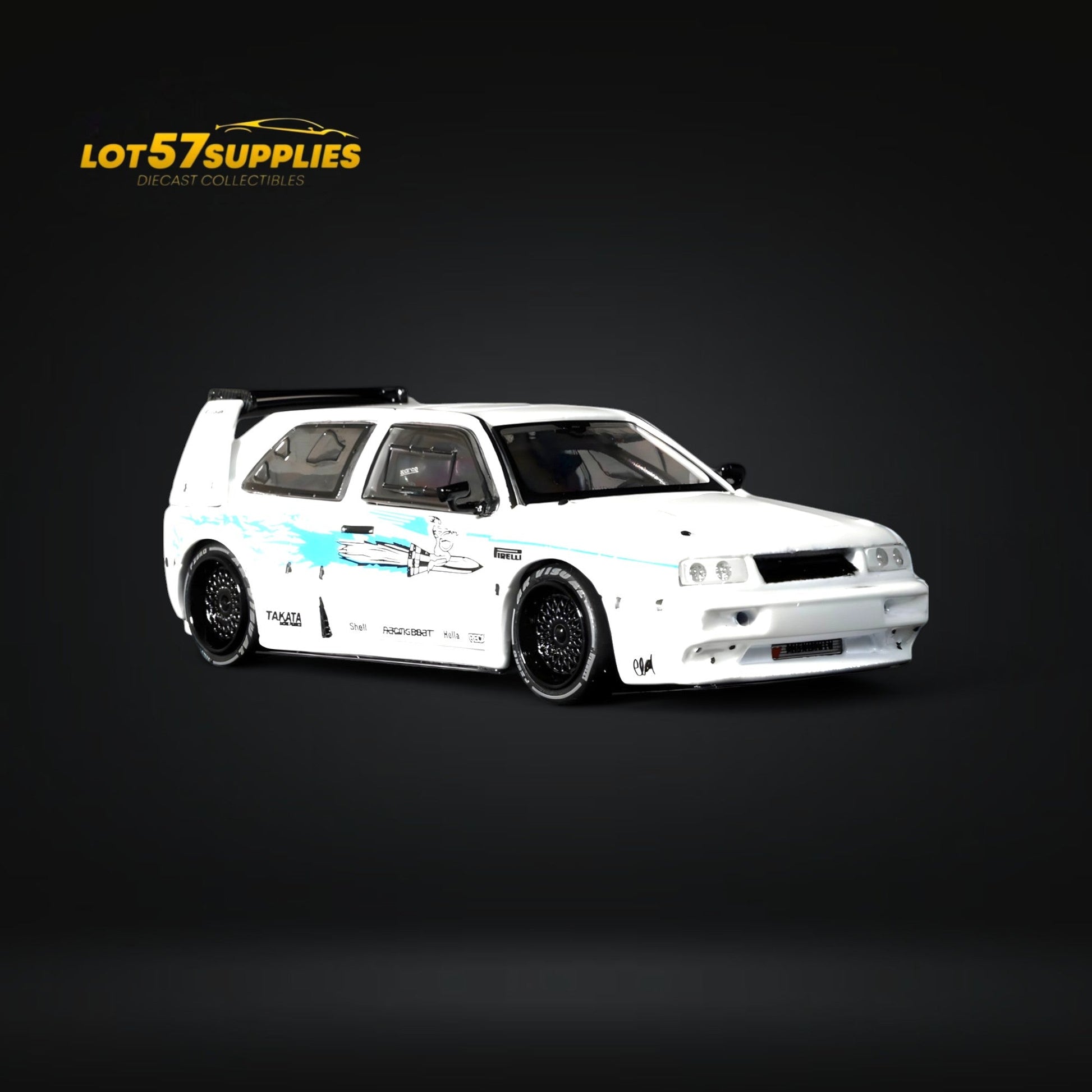 White Volkswagen VW Golf Mk3 diecast model with Fast & Furious livery, 1:64 scale from Lot57Supplies Diecast Shop, detailed vehicle image