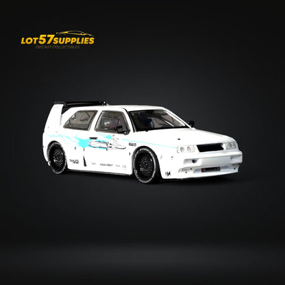 White Volkswagen VW Golf Mk3 diecast model with Fast & Furious livery, 1:64 scale from Lot57Supplies Diecast Shop, detailed vehicle image
