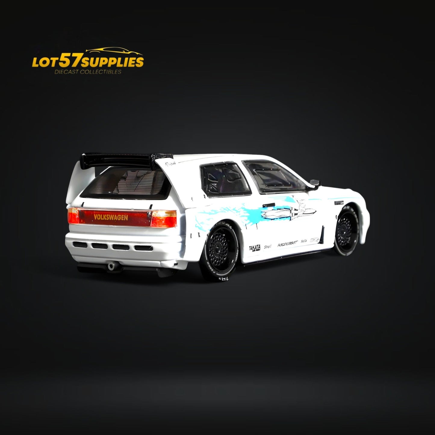 White diecast Volkswagen VW Golf Mk3 model in Fast & Furious livery, 1:64 scale, detailed vehicle from Lot57Supplies Diecast Shop.