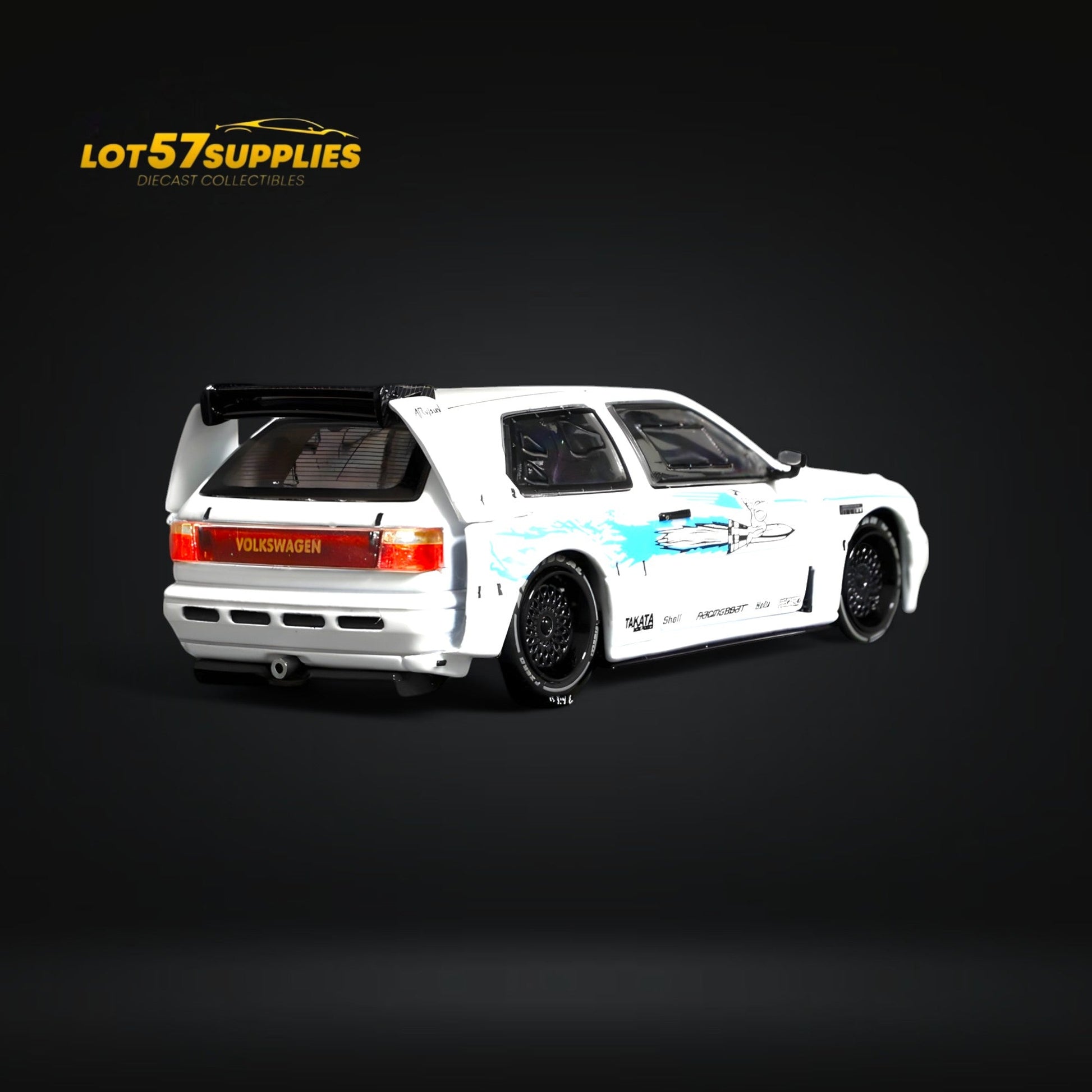 White diecast Volkswagen VW Golf Mk3 model in Fast & Furious livery, 1:64 scale, detailed vehicle from Lot57Supplies Diecast Shop.