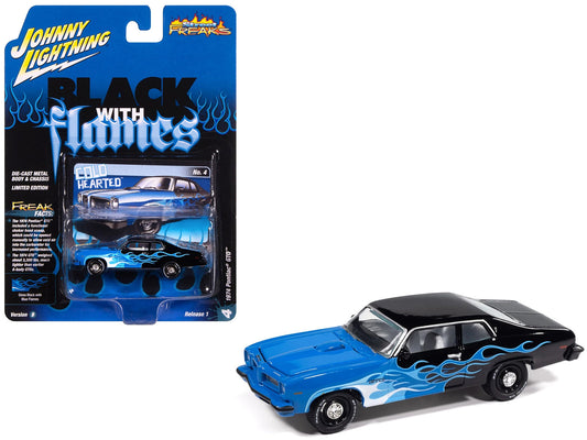 1974 Pontiac GTO Black and Blue with Blue Flame Graphics with White Interior "Black with Flames" Series 1/64 Diecast Model Car by Johnny Lightning