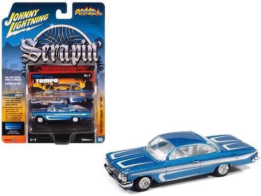 1961 Chevrolet Impala SS 409 Blue Metallic with White Stripes and Interior "Scrapin'" Series 1/64 Diecast Model Car by Johnny Lightning