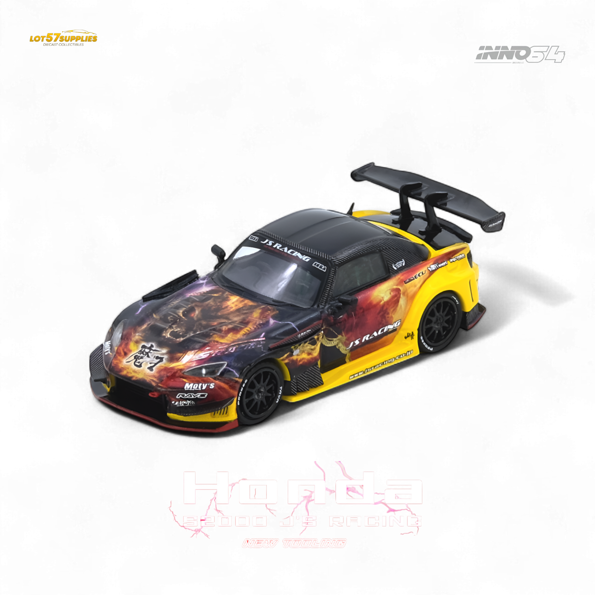 Pre-order INNO64 Honda S2000 J's Racing AP1 diecast model in 1:64 scale, featuring detailed exterior and racing design.