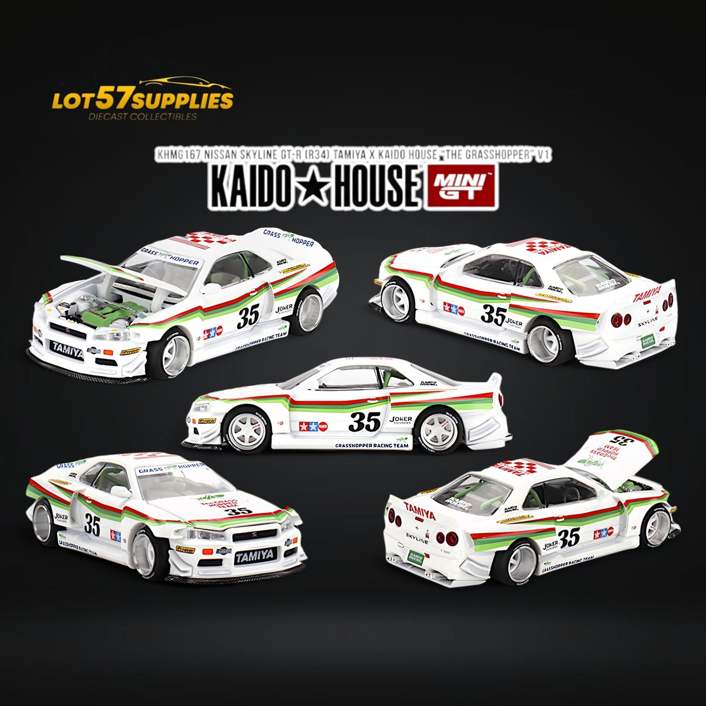 Mini GT x Kaido House Nissan Skyline GT-R R34 "The Grasshopper" V1 diecast model, detailed 1:64 scale car.