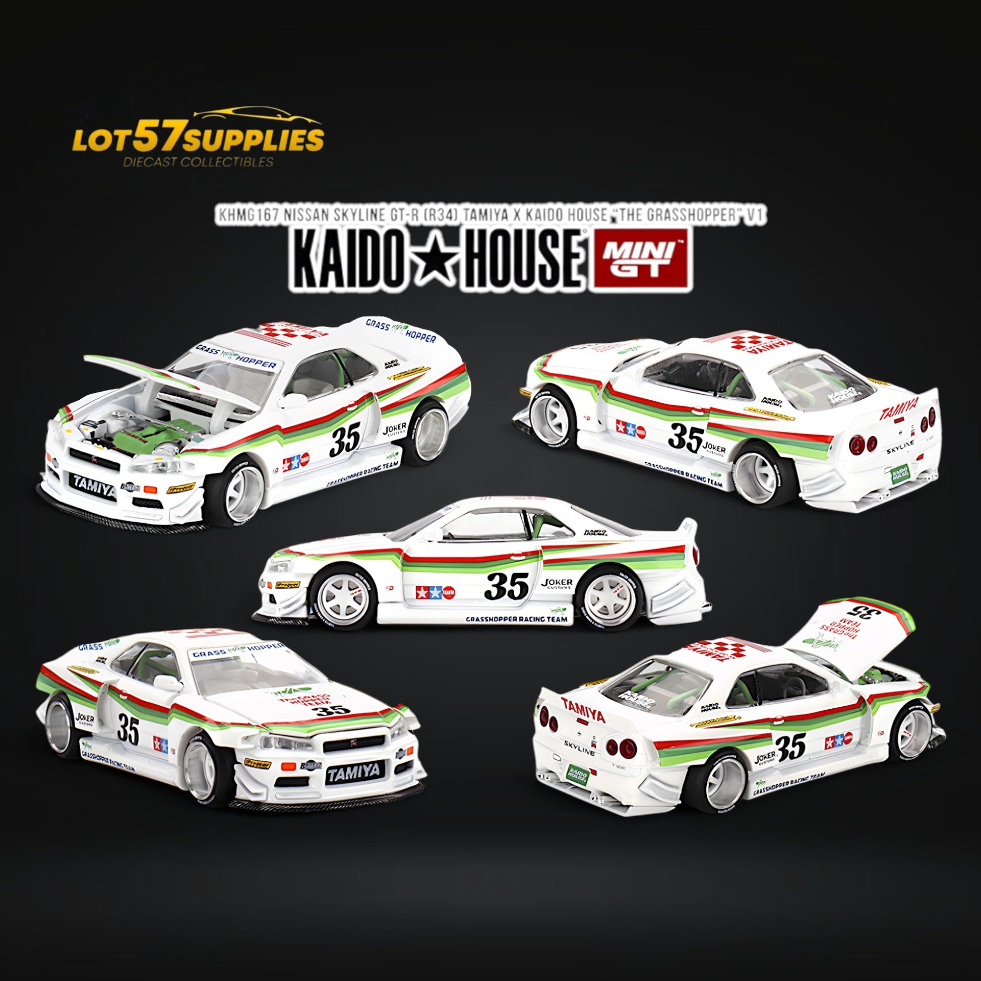 Mini GT x Kaido House Nissan Skyline GT-R R34 "The Grasshopper" V1 diecast model, detailed 1:64 scale car.