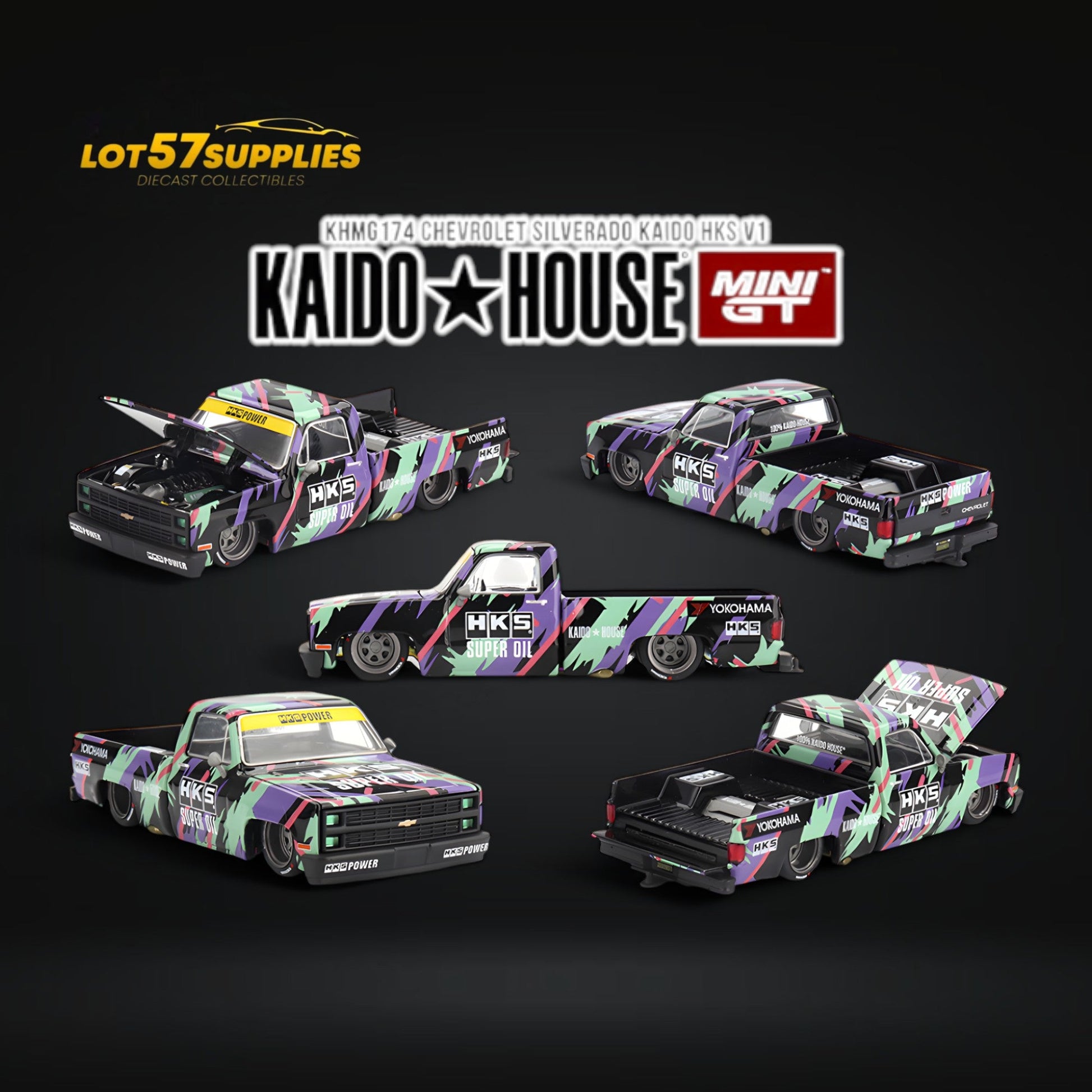 Mini GT x Kaido House Chevrolet Silverado diecast model in 1:64 scale, showcasing detailed Chevrolet pickup truck with vibrant colors.