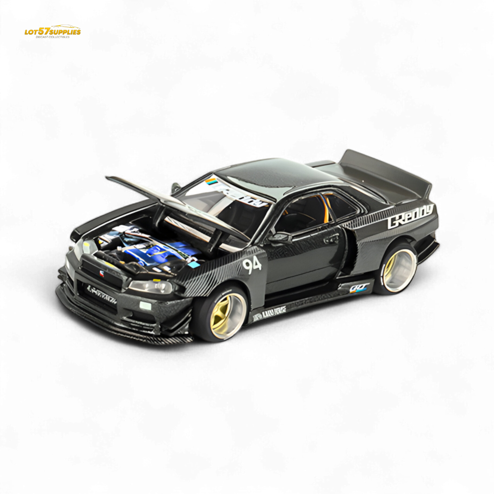 Mini GT Nissan Skyline GT-R R34 Kaido Works GReddy V2 diecast model in detailed white color, showcasing sleek car design.