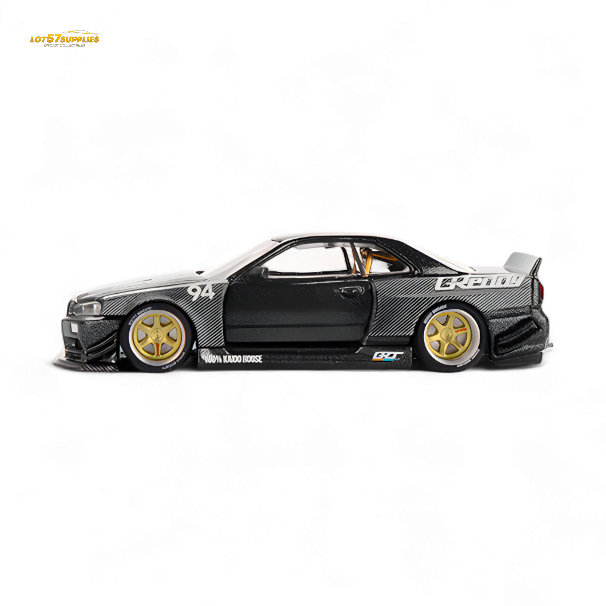 Pre-order Kaido House x Mini GT Nissan Skyline GT-R R34 diecast model in 1:64 scale with detailed KAido Works GReddy V2 design.