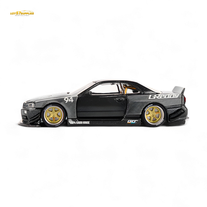 Pre-order Kaido House x Mini GT Nissan Skyline GT-R R34 diecast model in 1:64 scale with detailed KAido Works GReddy V2 design.