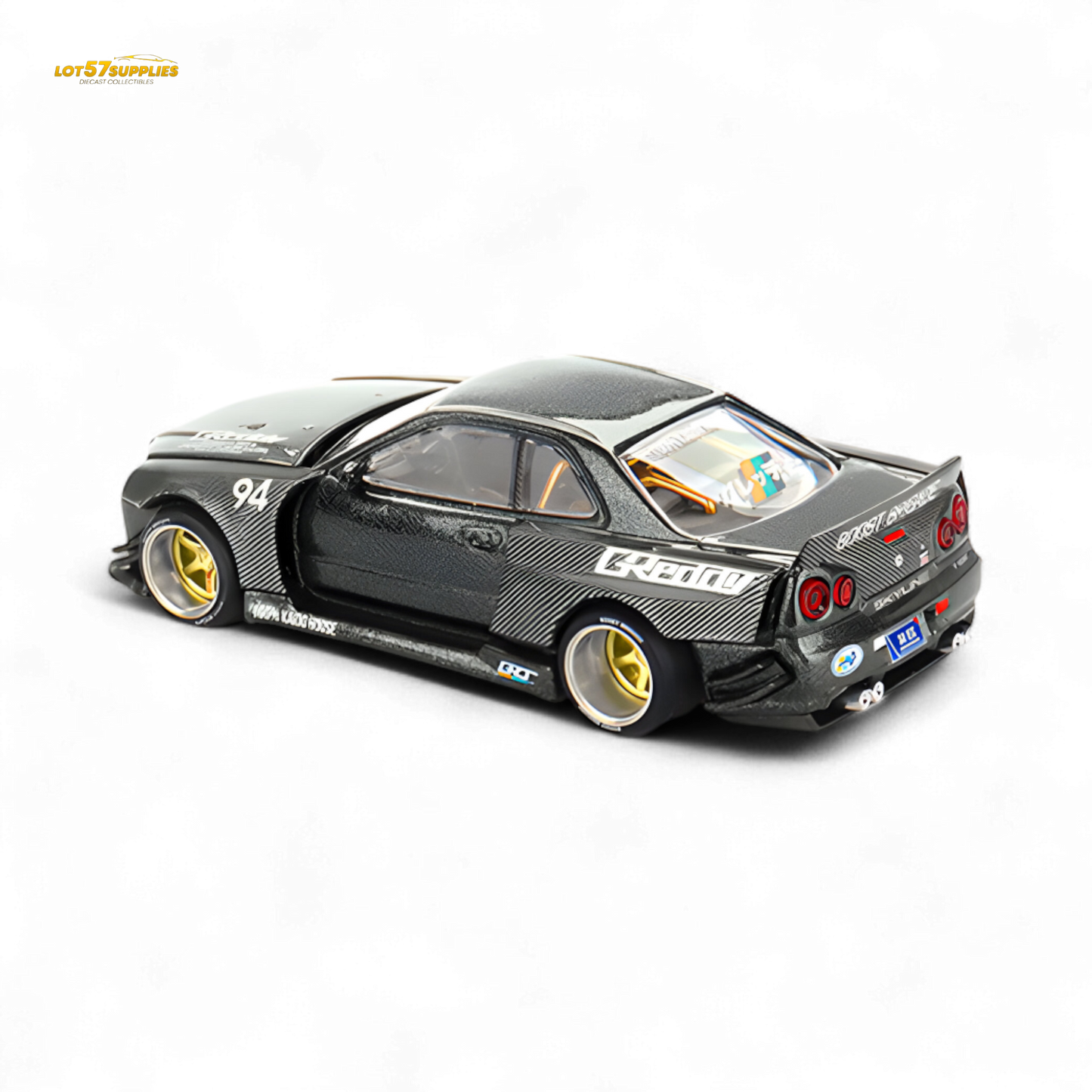 Pre-order Mini GT Nissan Skyline GT-R R34 Kaido Works GReddy V2 diecast model, detailed 1:64 scale, showing exterior features