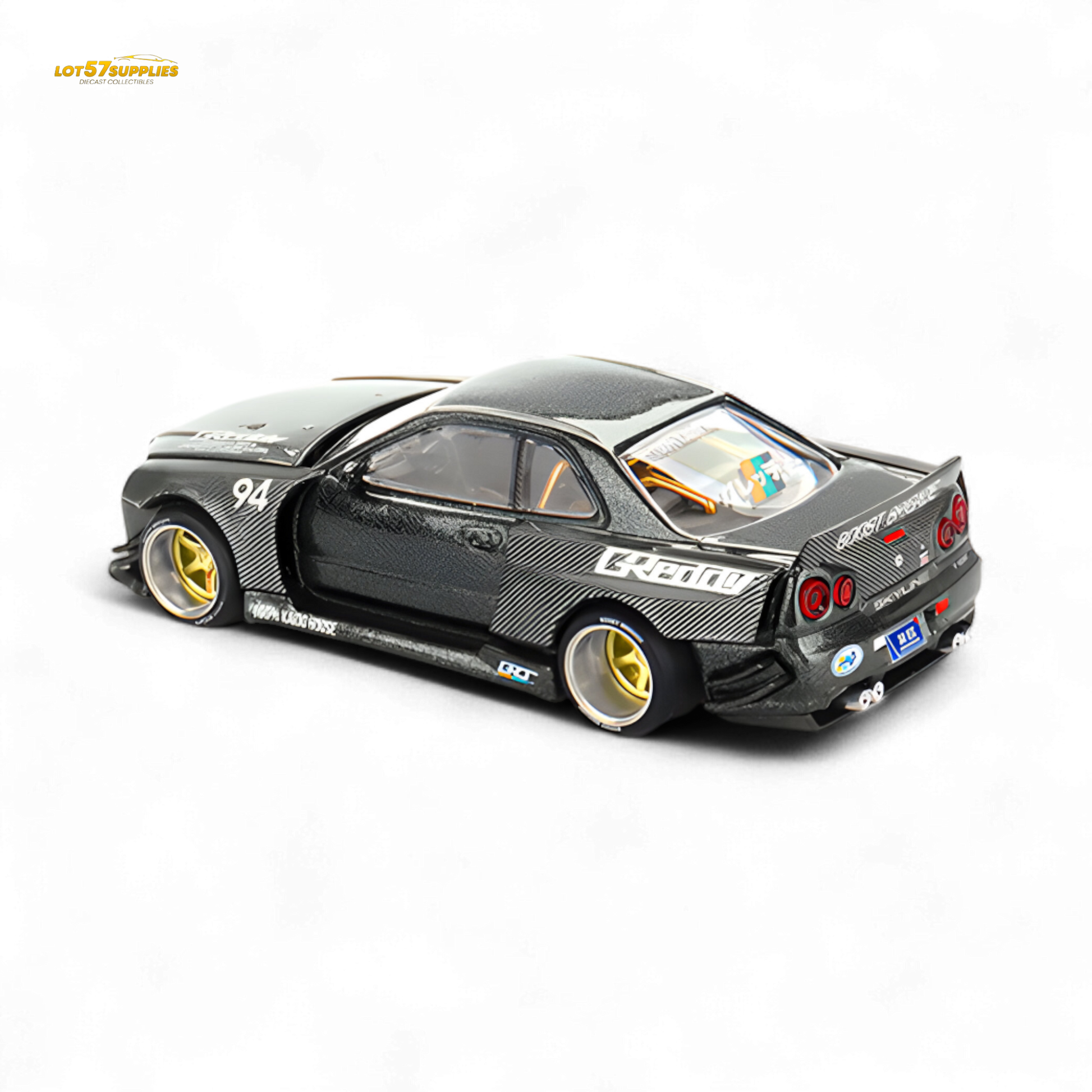 Pre-order Mini GT Nissan Skyline GT-R R34 Kaido Works GReddy V2 diecast model, detailed 1:64 scale, showing exterior features