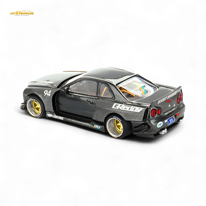 Pre-order Mini GT Nissan Skyline GT-R R34 Kaido Works GReddy V2 diecast model, detailed 1:64 scale, showing exterior features