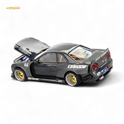 Pre-order Mini GT Nissan Skyline GT-R R34 Kaido Works GReddy V2 diecast model, detailed 1:64 scale car with vibrant design