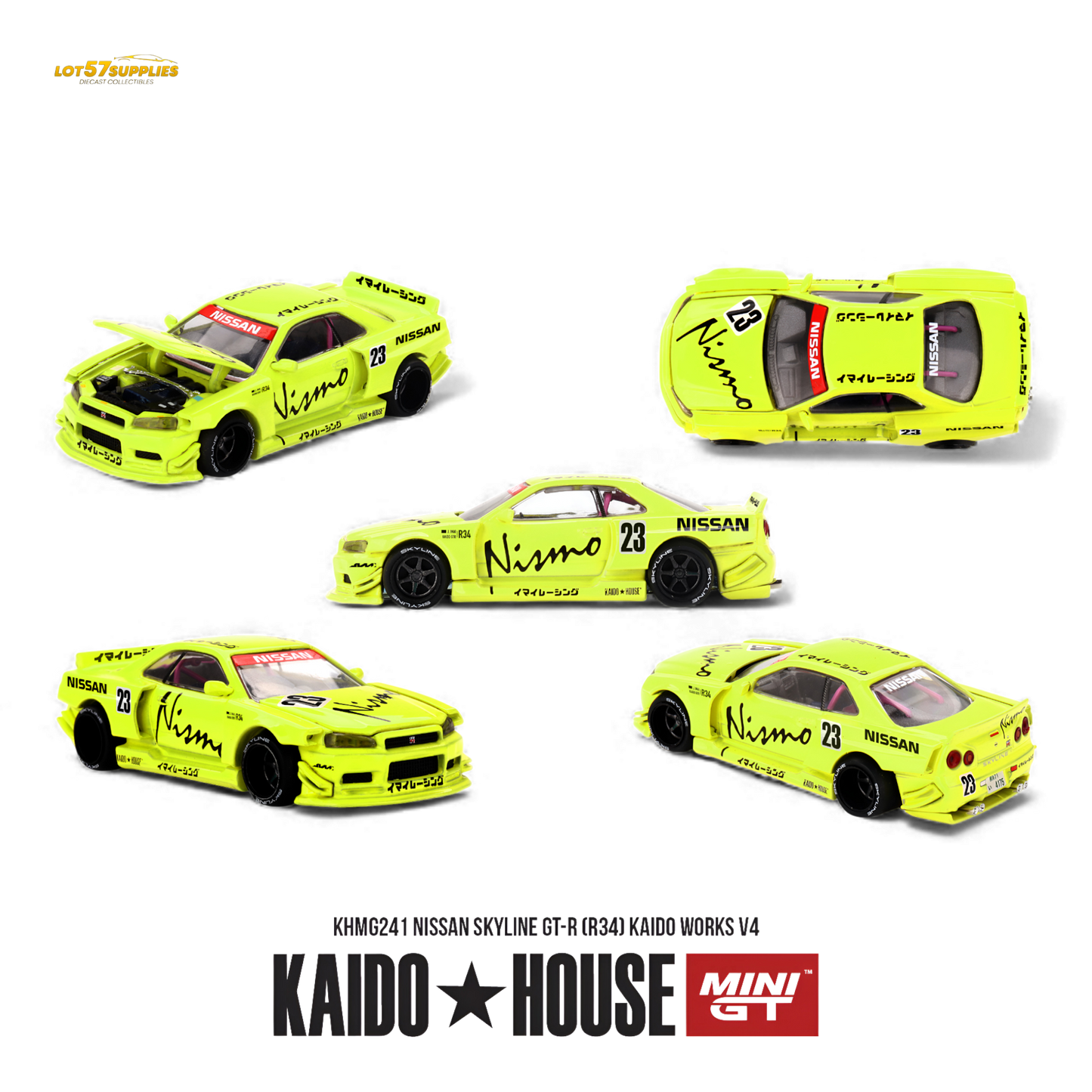 Pre-order Kaido House Nissan Skyline GT-R R34 diecast model by Lot57Supplies, detailed 1:64 scale replica in vibrant colors.
