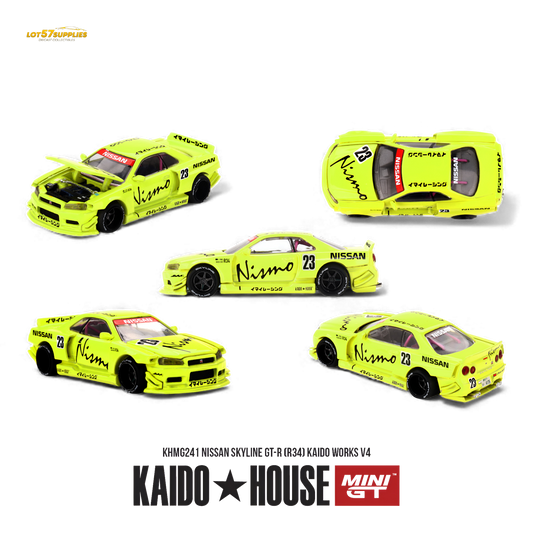 Pre-order Kaido House Nissan Skyline GT-R R34 diecast model by Lot57Supplies, detailed 1:64 scale replica in vibrant colors.