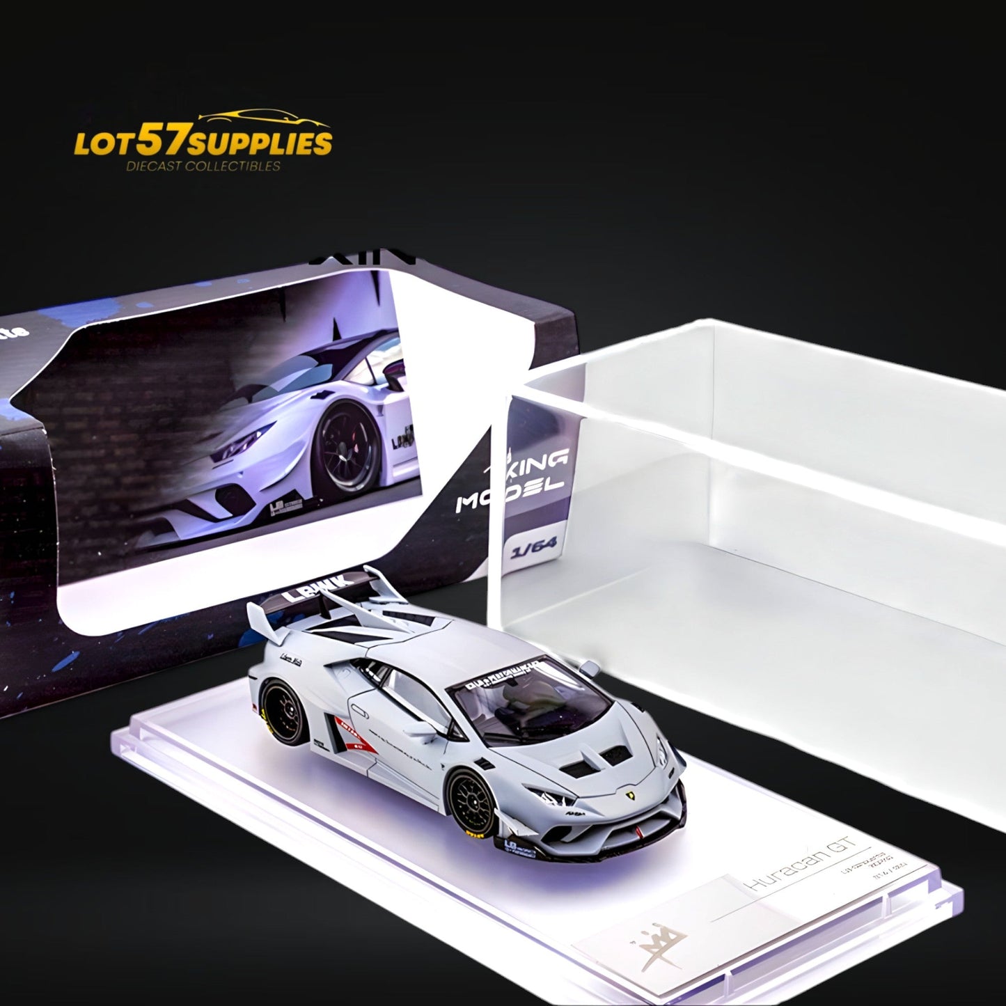 Pre-order King Model Lamborghini Huracan LBWK diecast car in Air Force Grey, 1:64 scale, detailed miniature replica.