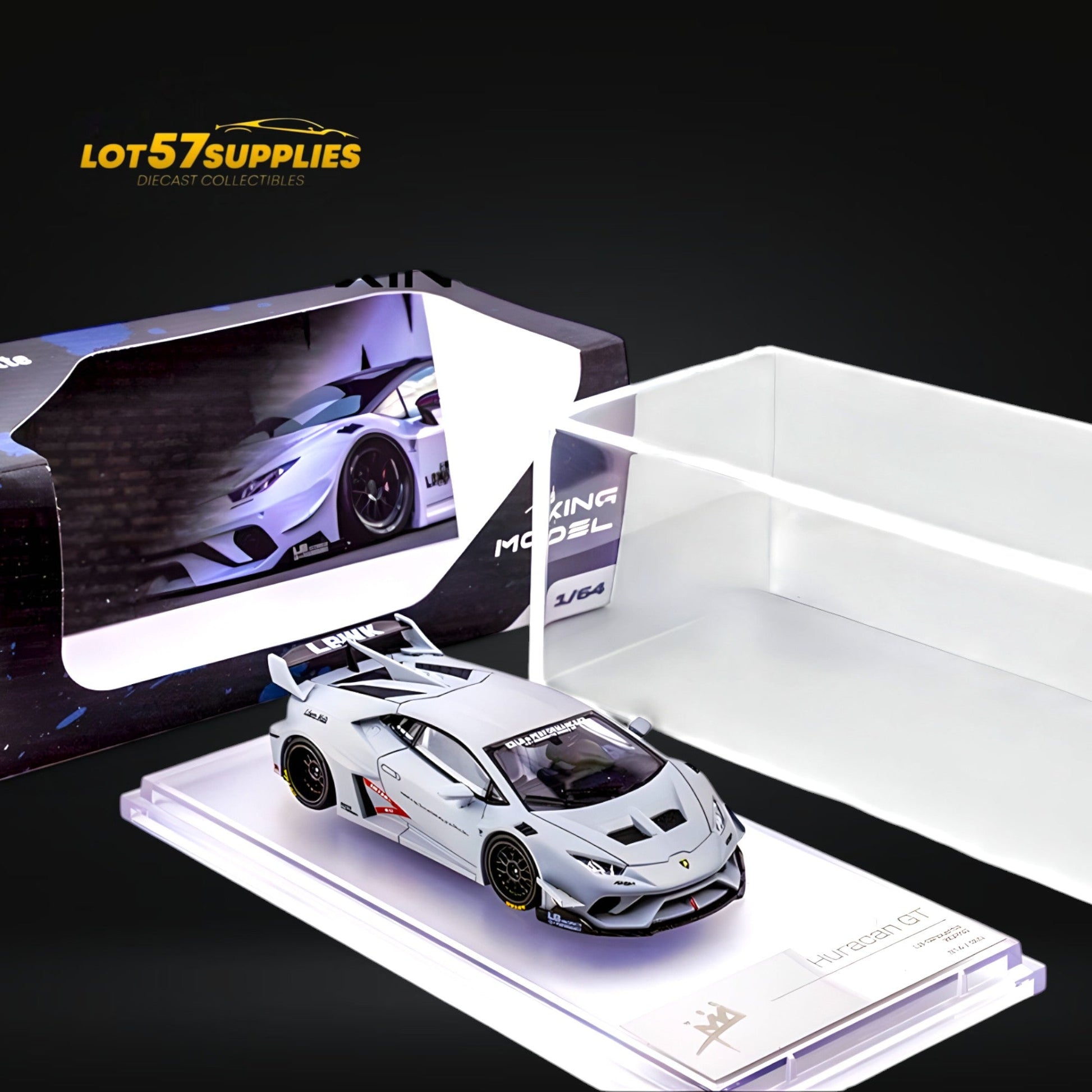 Pre-order King Model Lamborghini Huracan LBWK diecast car in Air Force Grey, 1:64 scale, detailed miniature replica.