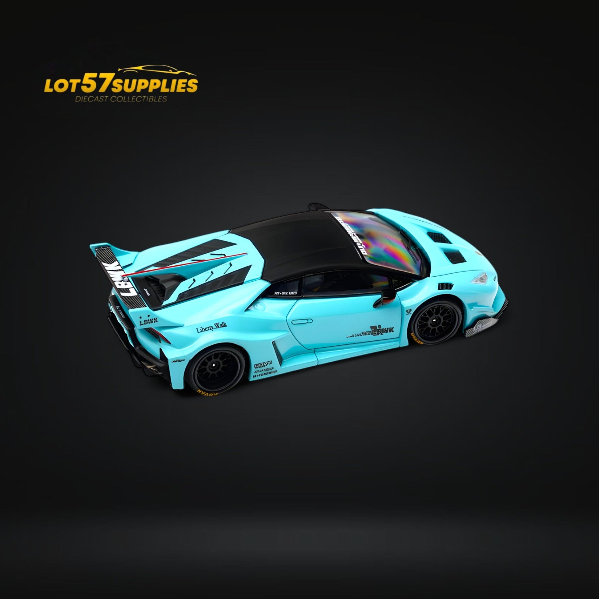 Metallic Tiffany Blue Lamborghini Huracan LBWK diecast model in 1:64 scale, detailed Lamborghini car by Lot57Supplies Diecast Shop.