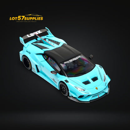 Metallic Tiffany Blue Lamborghini Huracan LBWK diecast model in 1:64 scale, detailed Lamborghini toy by Lot57Supplies.