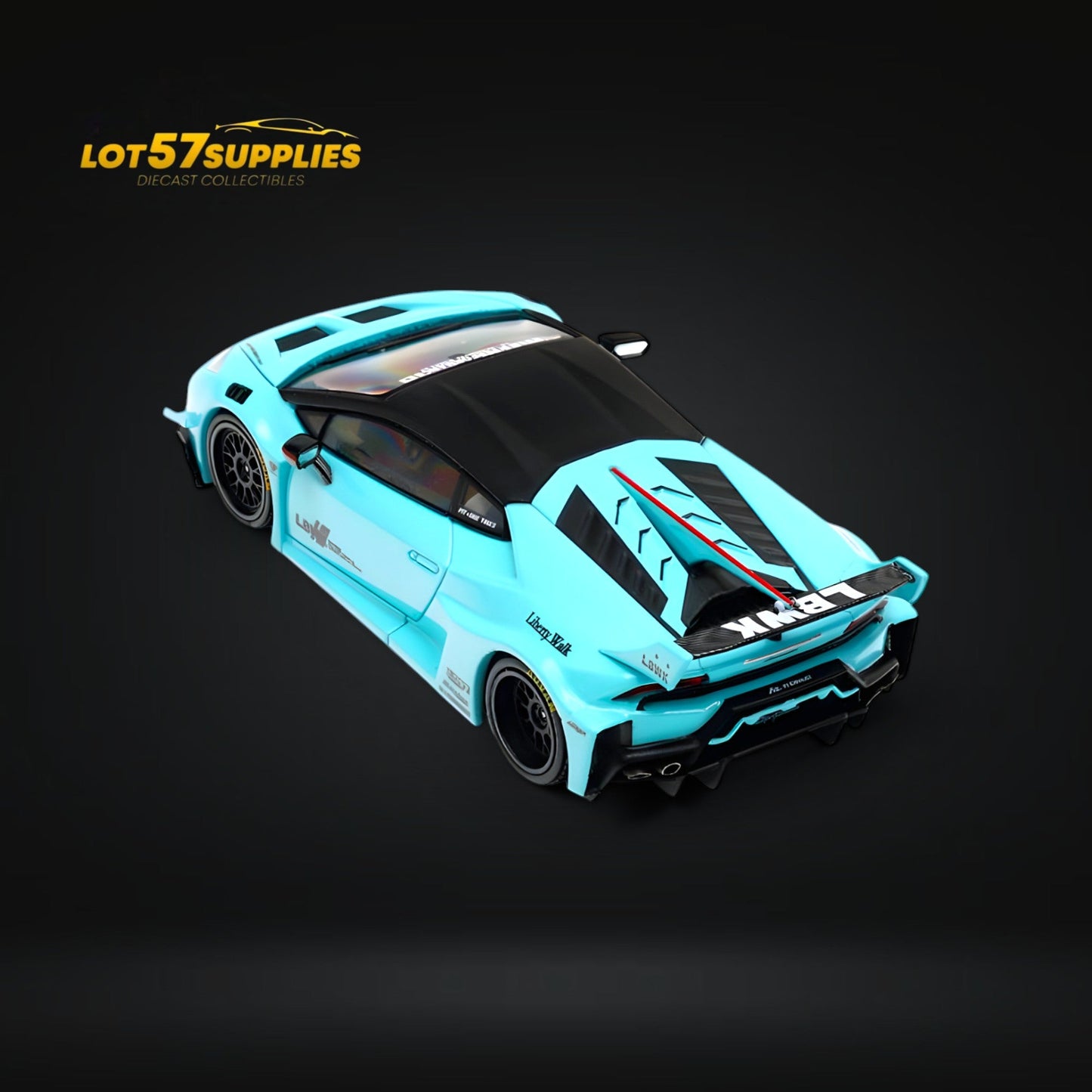 Metallic Tiffany Blue Lamborghini Huracan LBWK diecast model by Lot57Supplies, 1:64 scale, detailed car with sleek design.