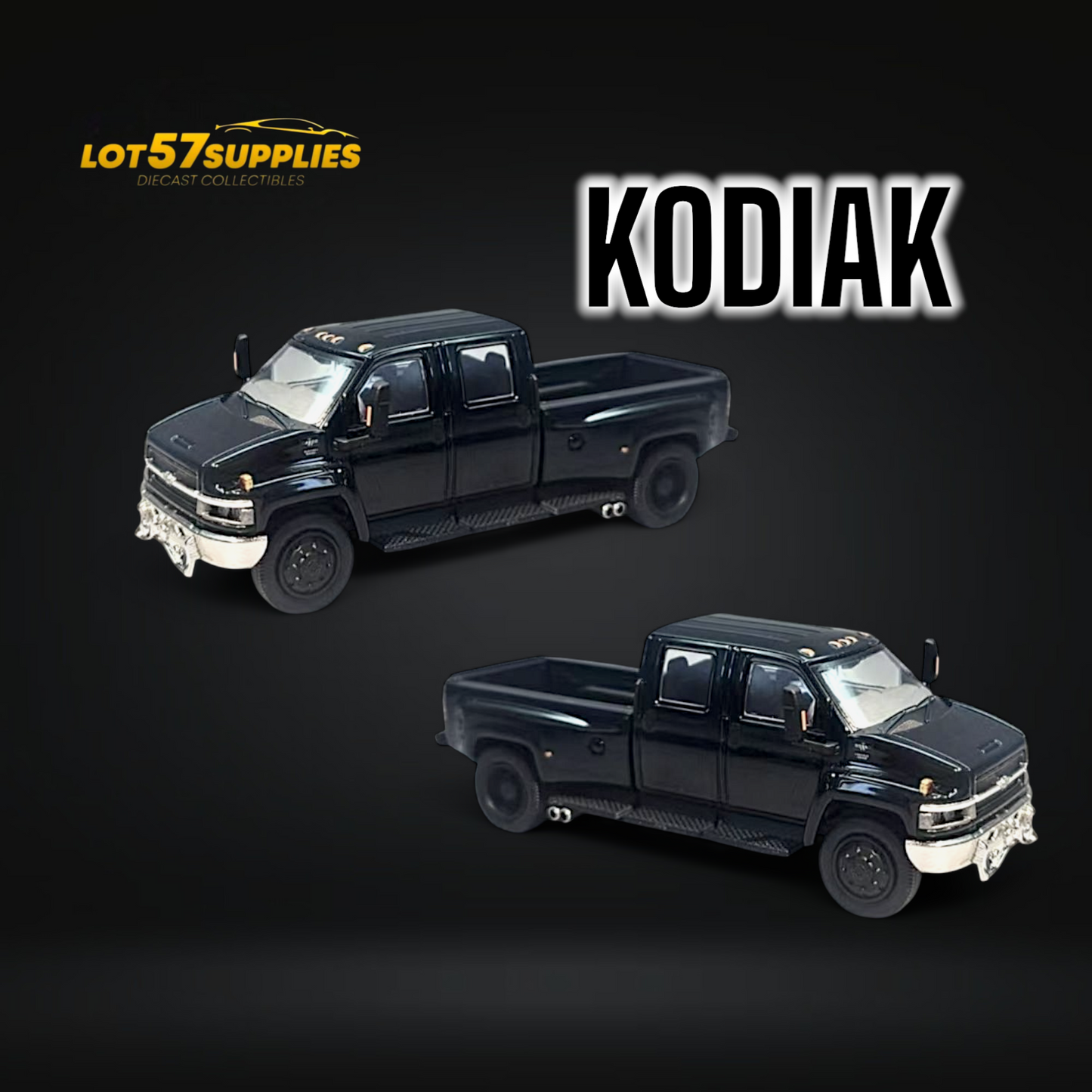 Black 1:64 scale GOC Chevrolet KODIAK pickup diecast model by Lot57Supplies Diecast Shop, showing detailed exterior features.