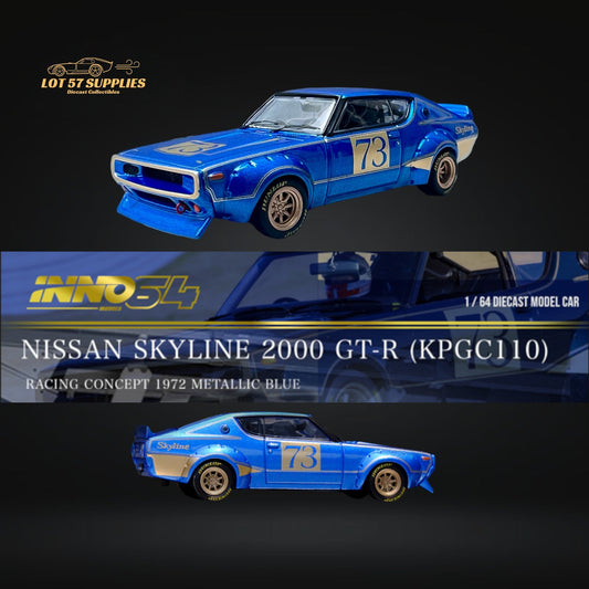 Blue Inno64 Nissan Skyline 2000 GT-R KPGC10 racing diecast model, detailed 1:64 scale car, showcasing the iconic design.